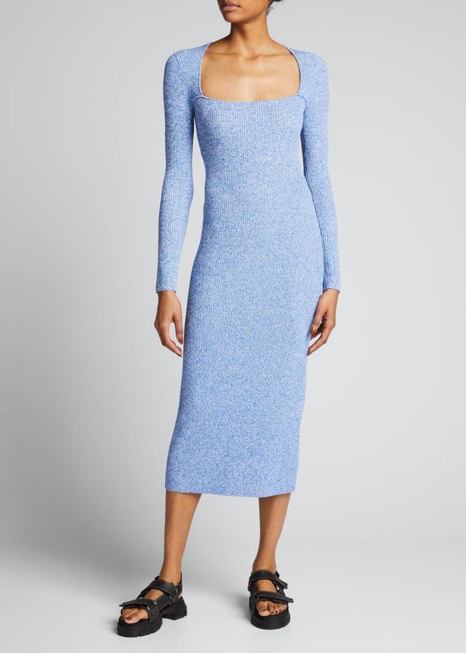 Ganni Melange Blue Knit Long Sleeve Midi Dress Size Large Square Boat Neck